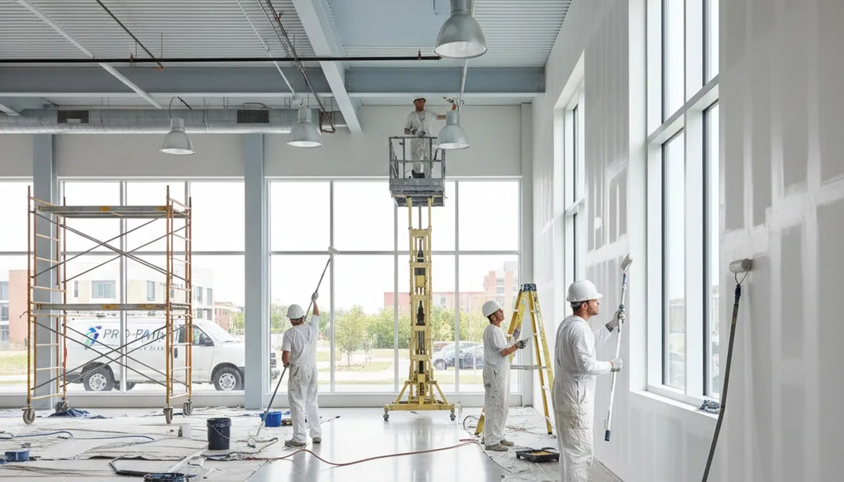 Commercial painters in Pittsburgh, PA applying durable exterior coating on a commercial building