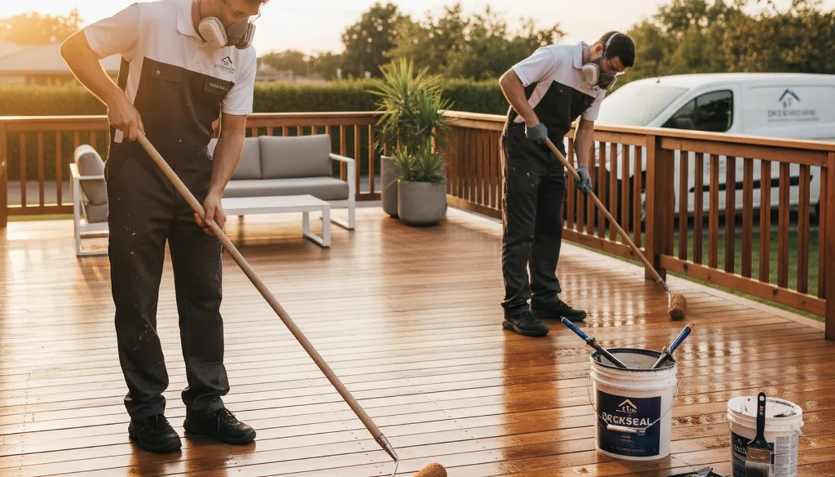 Pittsburgh Paint Pros sealing a wood deck to protect against rain, snow, and humidity in Pittsburgh, PA
