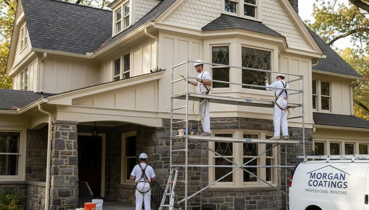 Professional Pittsburgh, PA painting service team preparing a home exterior repaint